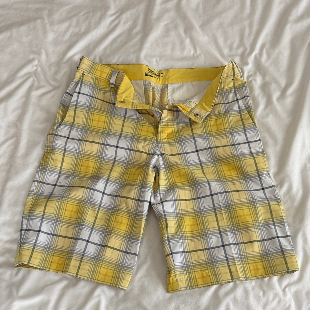Nike Yellow and Gray Plaid Men's Flat Front Shorts